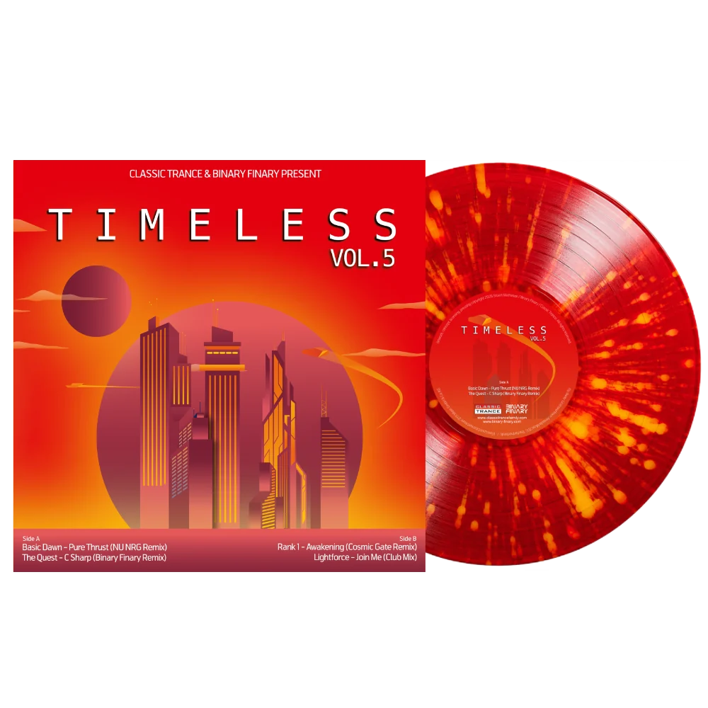 Timeless Vol. 5 sleeve with red and orange splatter vinyl record